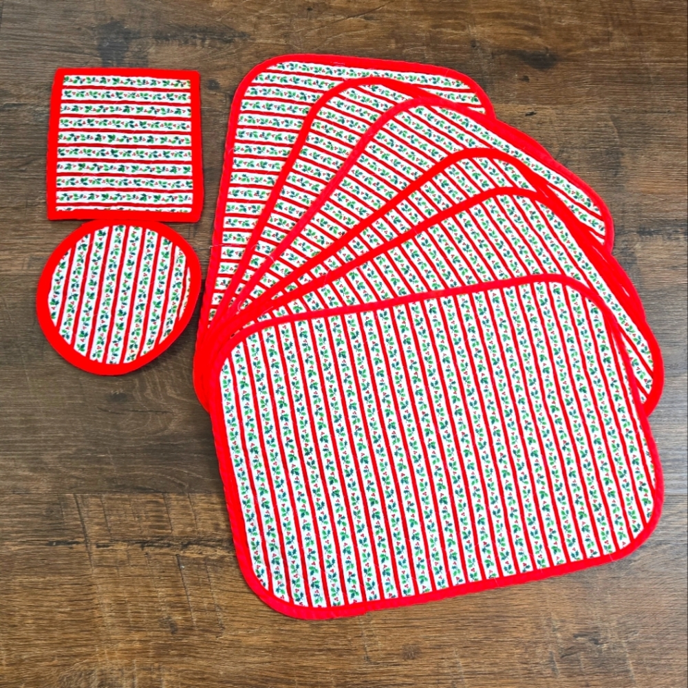 Vintage Quilted, Red and White Striped Holly Holiday Placemats 6 & 2 Hot Pads.